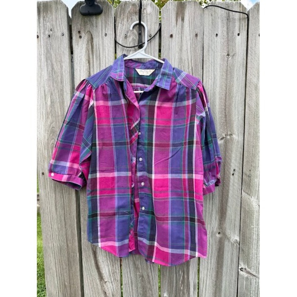 Vintage 80s Cheryl Tiegs Plaid Shirt 14 Purple Pink Puffed Sleeve Button Up